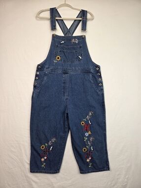 Agapo Denim Overalls L Blue Embroidered Floral Cropped Wide Leg Cotton Boho